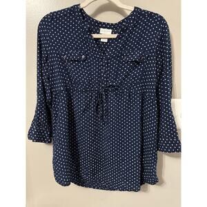 Motherhood Maternity Blouse Long Sleeve SM Navy White Polka Dots Baby